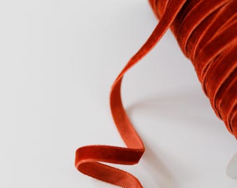 Christmas Cranberry 6 mm velvet ribbon - 1/4 thin velvet ribbon with finished edges, hand dyed