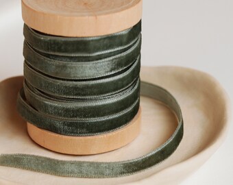 thin 1/4 inches 5 mm sage green velvet ribbon with finished edge sage green fabric ribbon for decor, DIY crafts gift wrapping dolls making