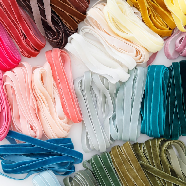 3/8 Finished Edge Velvet Ribbon Trim: 50 Hand Dyed Colors - 1, 3, or 5 ...