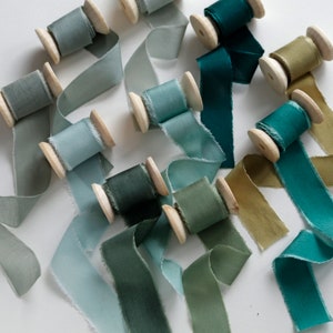 Silk ribbon, wedding bouquet ribbon, hand dyed ,for wedding invitations decor sage green,dark green forest green,emerald green ribbon image 1