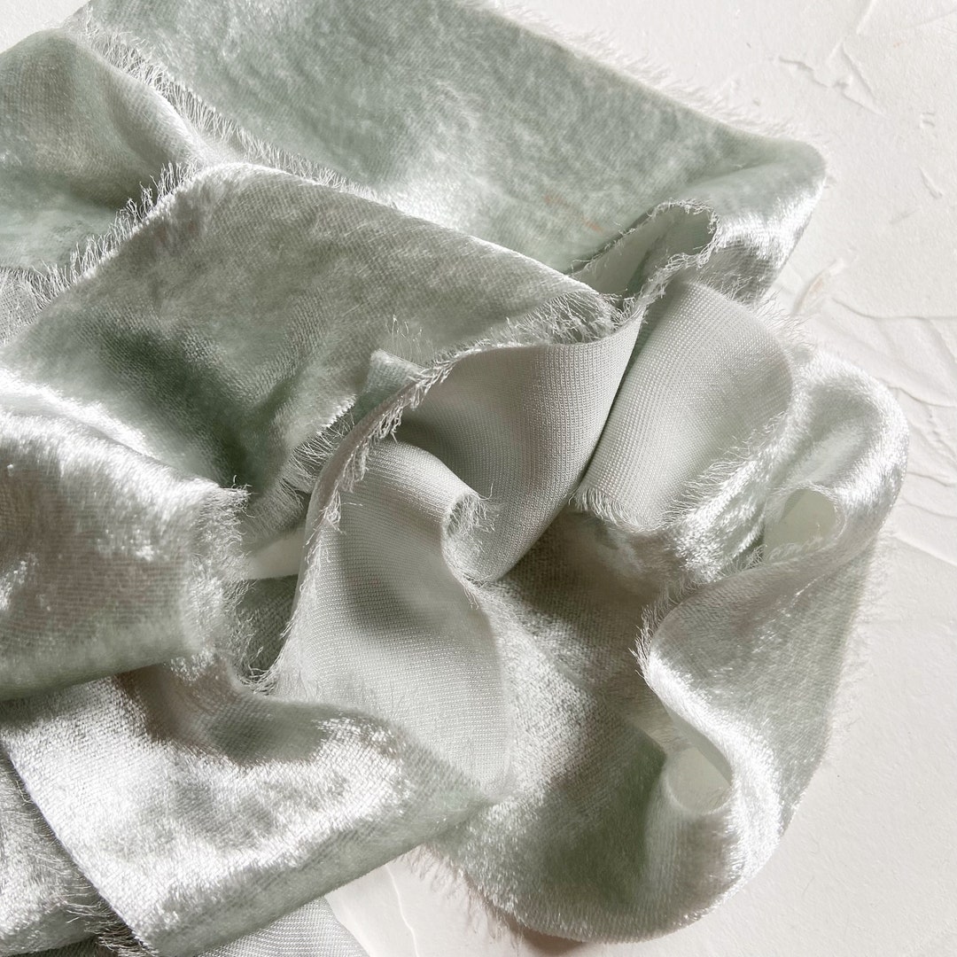 PALE SAGE GREEN Hand Torn Silk Velvet Ribbon by Yard Sage Green Velvet