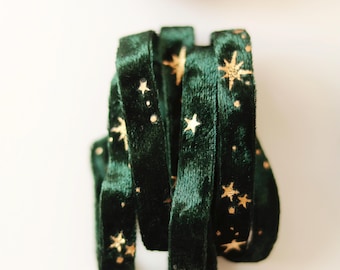 Groen fluwelen lint - gouden sterren 10 mm 3/8 inch glitterlint voor cadeauverpakking Kerstkrans feestdecoratie lint met sterren