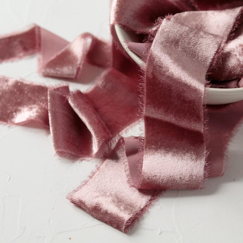 Dusty Rose - Frayed Velvet Ribbon, Hand Dyed Silk Ribbon for Wedding ...