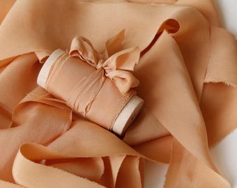Light Terracotta Bias Cut Silk Ribbon Plant Dyed Peach silk ribbon for Wedding Bouquet with finished edges - wedding ribbon decor