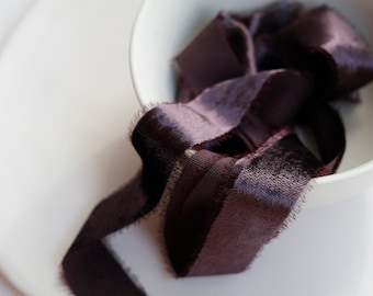 PLUM  - hand torn silk velvet ribbon,hand dyed ,dark violet ribbon, ribbon for christmas wreaths wedding bouquets gift wrapping and decor