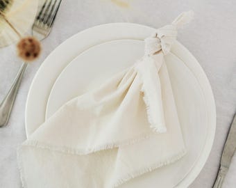 Ivory Cotton Dinner Napkins : Hand Dyed with Raw Edges for Wedding Table Decor