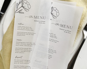 wedding dinner menu cards printed on vellum with black or white inks - 9''x4'' elegant physical event menu card dinner menu