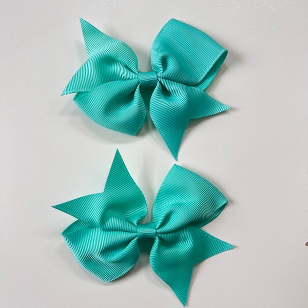 Aqua blue hair bow pair/ 4 inch bow on a single prong clip