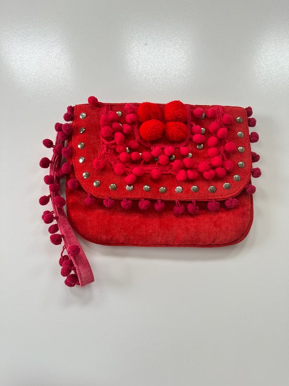 Pompon wristlet purse in beautiful suede fabric/ho