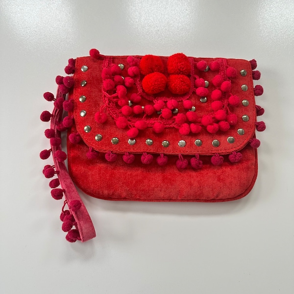 Pompon wristlet purse in beautiful suede fabric/hobo red and pink clutch