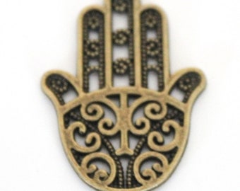 2 Bronze Hamsa Hand Pendants Charms Amulets Alloy