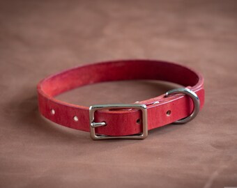 Handmade Leather Dog Collar in Red and Silver, with Optional Personalization - for Small and Large Dogs