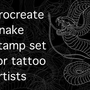 Op de afbeelding: Een digitale illustratie van een slang in een line art-stijl. De slang is opgerold en heeft een dreigende uitdrukking. De tekst "Procreate Snake stamp set for tattoo artists" is in wit op een zwarte achtergrond geschreven.
