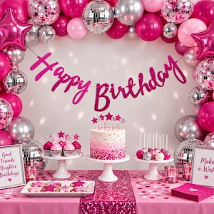 May include: A party display featuring a pink Happy Birthday banner, a pink and white ombre cake with star toppers, pink cupcakes, cake pops, and star-shaped cookies. The scene is decorated with pink and silver balloons and disco balls.