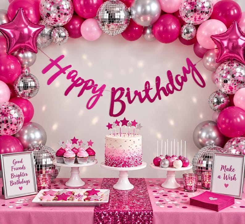 May include: A party display featuring a pink Happy Birthday banner, a pink and white ombre cake with star toppers, pink cupcakes, cake pops, and star-shaped cookies. The scene is decorated with pink and silver balloons and disco balls.