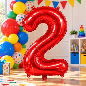 May include: A large, shiny, metallic red foil balloon shaped like the number two. The balloon features a smooth, reflective surface with visible seams along the edges and small tabs at the top and bottom for hanging or securing the decoration.