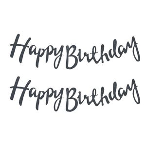 May include: Two dark gray script-style banners, each featuring the text "Happy Birthday" in a continuous, connected cursive font. The letters are bold and uniform in color, presented as two separate horizontal lines against a plain background.