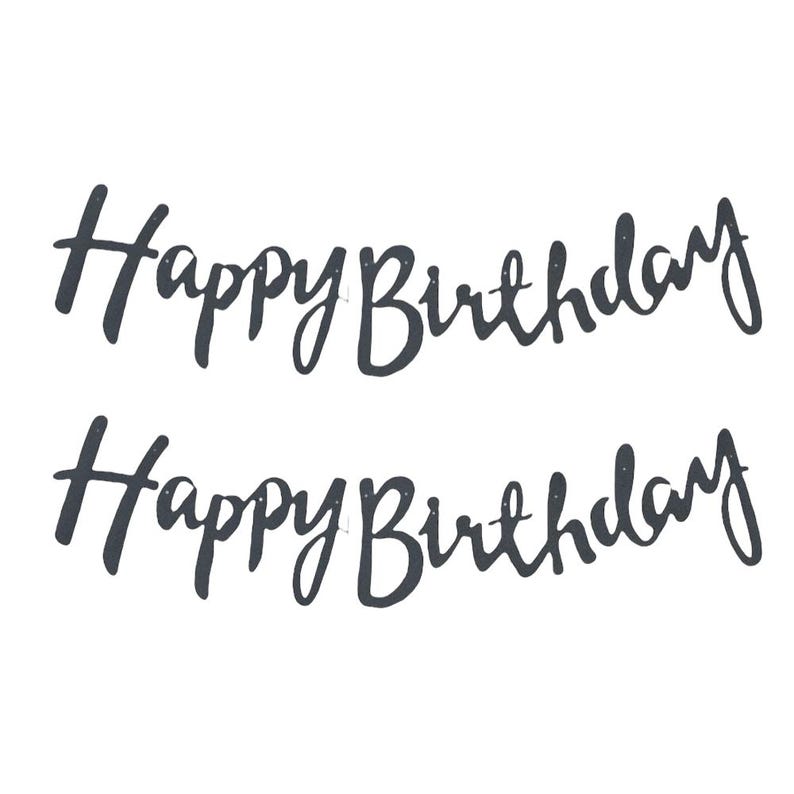 May include: Two dark gray script-style banners, each featuring the text "Happy Birthday" in a continuous, connected cursive font. The letters are bold and uniform in color, presented as two separate horizontal lines against a plain background.