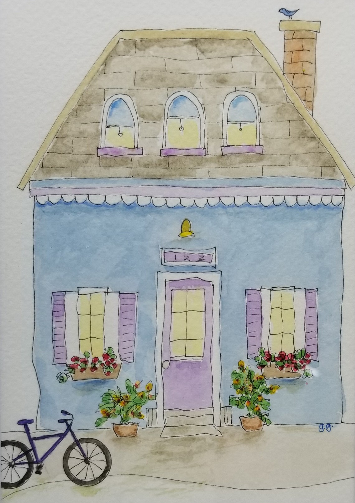 Blue House Original Watercolor Painting Etsy