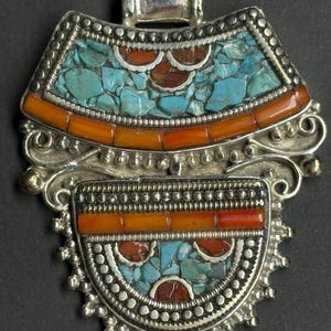 Turquoise and Coral Inlaid Pendant Jewelry, Tibetan Silver Handcrafted, Ethnic Jewelry
