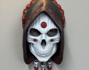 Wall Skull Sculpture – Hand-Painted Gothic Skull Wall Decor | Halloween Art | Dark Home Decor | Creepy Wall Hanging - With Display Stand