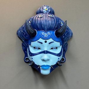 Hannya Geisha Mask Wall Art - Japanese Oni Demon Mask Sculpture - Hand Painted Geisha Wall Decor - Japanese Mythology Art-With Display Stand