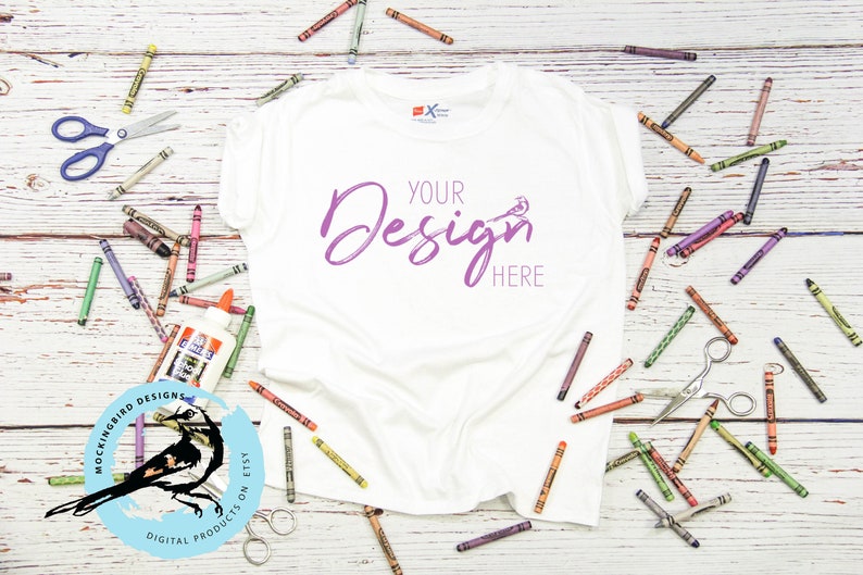 Download Kids white t-shirt mockup with crayons glue and scissors | Etsy