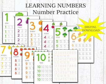 May include: A set of ten printable worksheets for learning numbers. Each worksheet features a different number from 1 to 10, with a cute cartoon vegetable illustration and lines for tracing the number. The worksheets also include the number word and multiple lines for practicing writing the number.
