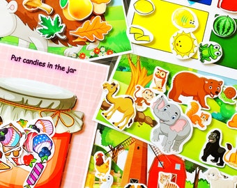 May include: Three colorful educational activity mats with various images and cutouts. The first mat features a hedgehog and asks 'Find food for hedgehog'. The second mat has a sorting activity with shapes and colors. The third mat has a farm theme with animals and a windmill.