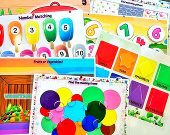 May include: A set of colorful educational flashcards for children. The cards feature various activities, including number matching, shape identification, and fruit or vegetable sorting. The cards are designed to help children learn basic concepts and develop their cognitive skills.