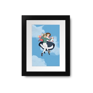 May include: A framed illustration of two people, a woman in a pink and black dress and a man in a green shirt and brown hat, floating in the sky with clouds.