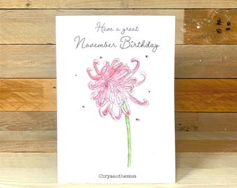 Personalised November Birthday Card | birth flower, november birthday, chrysanthemum, women's birthday card, illustrated birthday