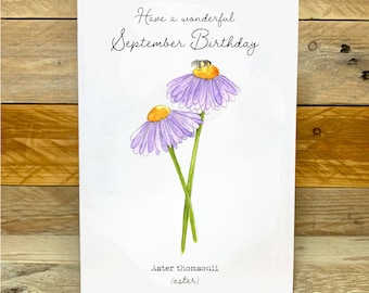 Personalised September Birth Flower Birthday Card | birth month, September, birth flower, September birthday, flower card, aster flower