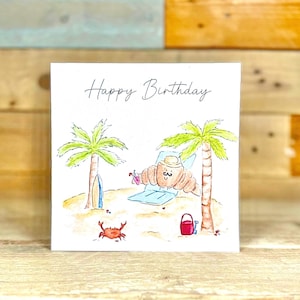 Croissant am Strand Geburtstagskarte personalisiert | lustige Geburtstagskarte für Strandliebhaber, Croissant Liebhaber, für Mann, französisches Essen, für Papa
