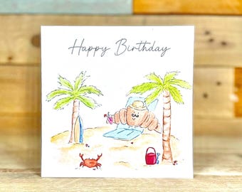 Personalised Croissant at the Beach Birthday Card | funny birthday card, beach lover, croissant lover, for husband, french food, for dad
