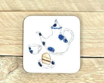 Tea and Cake Coaster | gift for tea lover, unique coaster, tea addict, tea drinker, table mats and coasters, vintage tea set, drink coasters