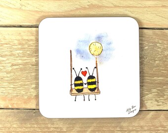 Bees On Swing Coaster | anniversary gift, drinks coaster, bee, homeware bee, bee themed gifts, wedding gift, bee coasters, bee lovers
