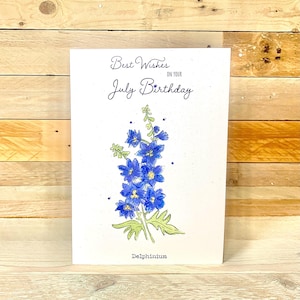 Juli Geburtstagskarte | Geburtsblume, Rittersporn Blume, Geburtstagskarte für Frauen, Geburtstagskarte für die beste Freundin, luxuriöser Geburtstag