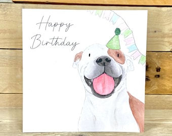 Personalised Funny Staffy Birthday Card | staffy lover, birthday card from dogs, dog birthday party hat, staffie bull terrier, for him