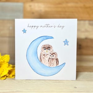 Carte personnalisée pour la fête des mères de style hibou |  maman et fille, carte de hibou aquarelle, fille de fête des mères, carte de grand-mère, lune et dos, je t'aime