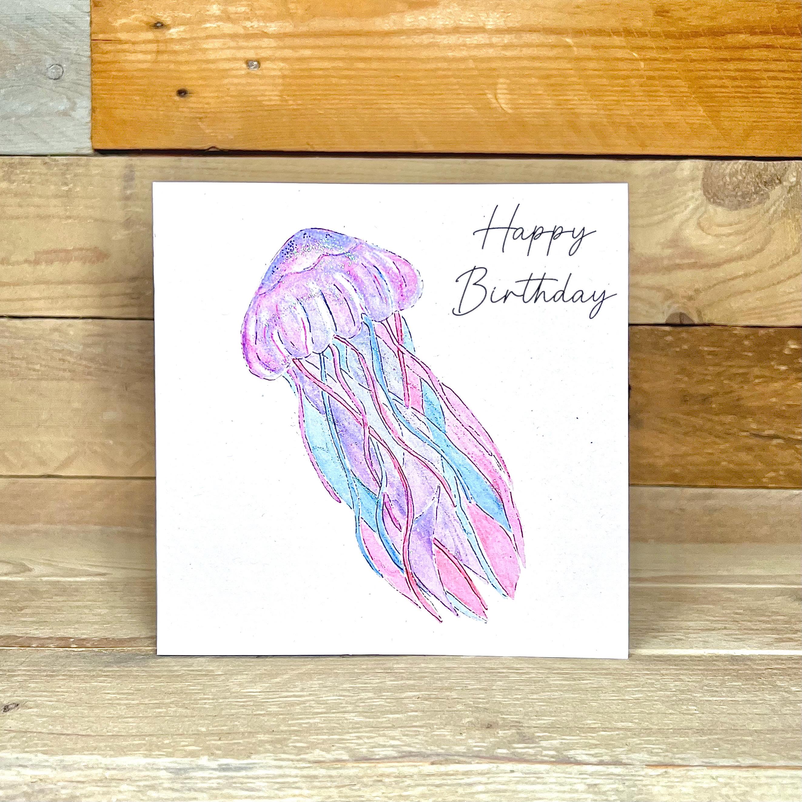 Tarjeta de cumpleaños personalizada con medusas / tarjeta de cumpleaños con temática del océano, bajo el mar, tarjeta de cumpleaños de vida marina, hecha a mano, tarjeta infantil personalizada