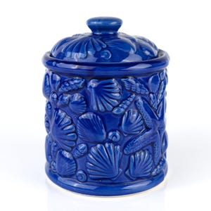 Vintage Lynwood Ceramic Lidded Jar - Blue Starfish and Seashell Design