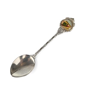 May include: Silver souvenir spoon with an oval bowl and a decorative handle. The spoon's handle has an ornate design and a colourful emblem with the text "Snowdon Mountain Railway".