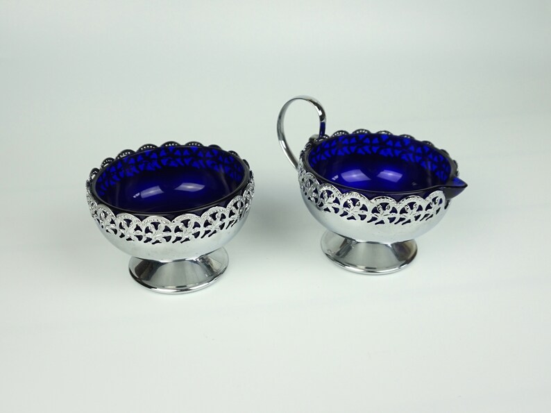 Sugar and Creamer Set Vintage Cobalt Blue Glass and Chrome Etsy