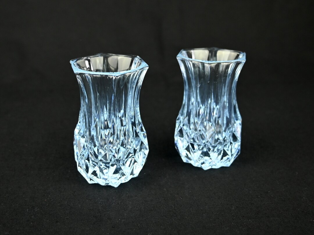 Pair of Vintage Cut Glass Small Vases Blue Etsy