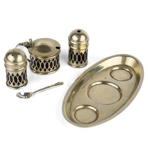 Vintage Condiment Set - Salt Pepper Mustard - EPNS - Cobalt Glass