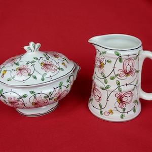 Vintage Jug and Lidded Bowl - Hand painted - Made in Portugal - Mediterranean - Pink Flowers