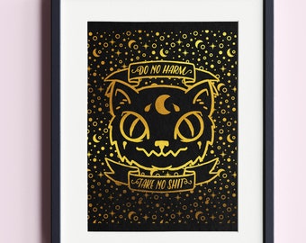 Op de afbeelding: Een zwart en gouden ingelijst print met een zwarte kat illustratie. De kat heeft een halve maan op zijn voorhoofd en is omringd door gouden sterren en manen. De tekst "Do No Harm" en "Take No Shit" is in goud op banners geschreven.