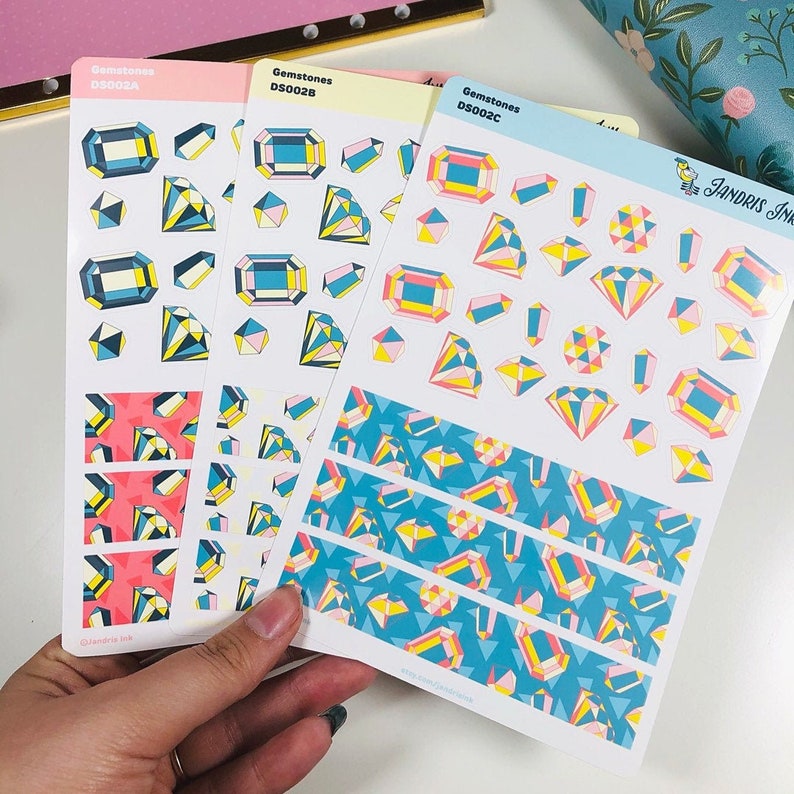 3 Sheets Gemstones Sicker Sheet Set Planner Gems Sticker Set Geometric Jewels DS002