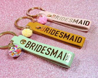 Rose Gold Wedding Party Bridesmaid Faux Leather Keychain // Foiled MOH Bridesmaid Proposal Gift